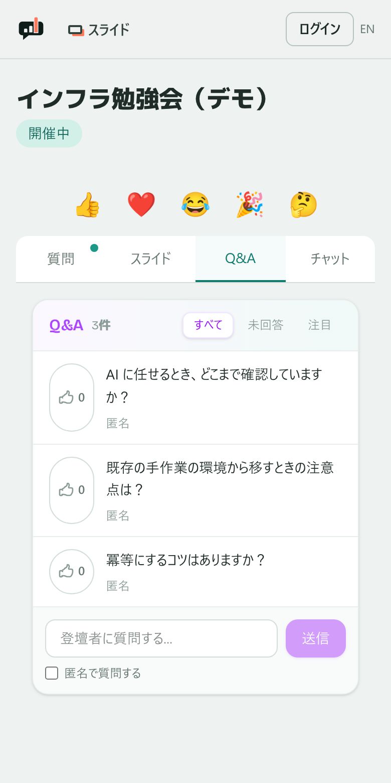 参加者のスマートフォンで、Q&A の一覧に匿名の質問が並んでいる様子